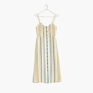 Madewell Linen Fitted-Bodice Midi Dress Stripe Pale Parchment Carnival 16